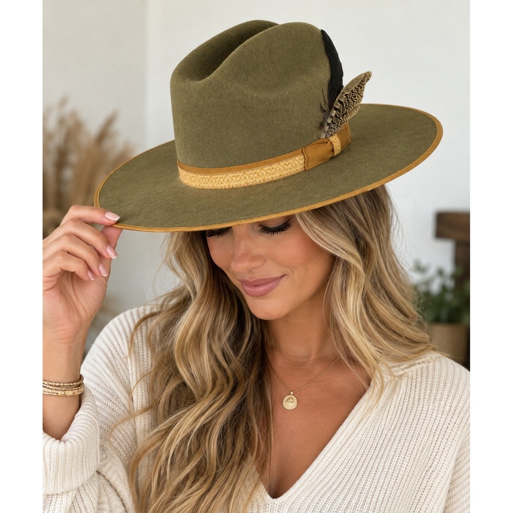 Dallas Hats Olive Green Wool Felt Cowboy Hat MON 2 3X BR Size 6 7/8 Feather